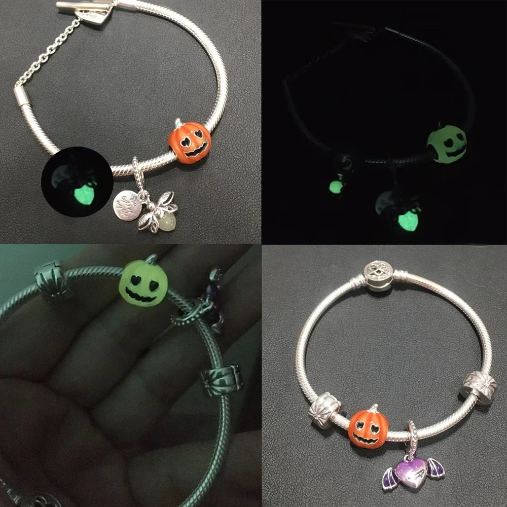 Abalorio luminoso de Plata de Ley 925, accesorio de calabaza, Calavera, Castillo de Brujas, compatible con pulsera, collares, colección de joyas de Halloween