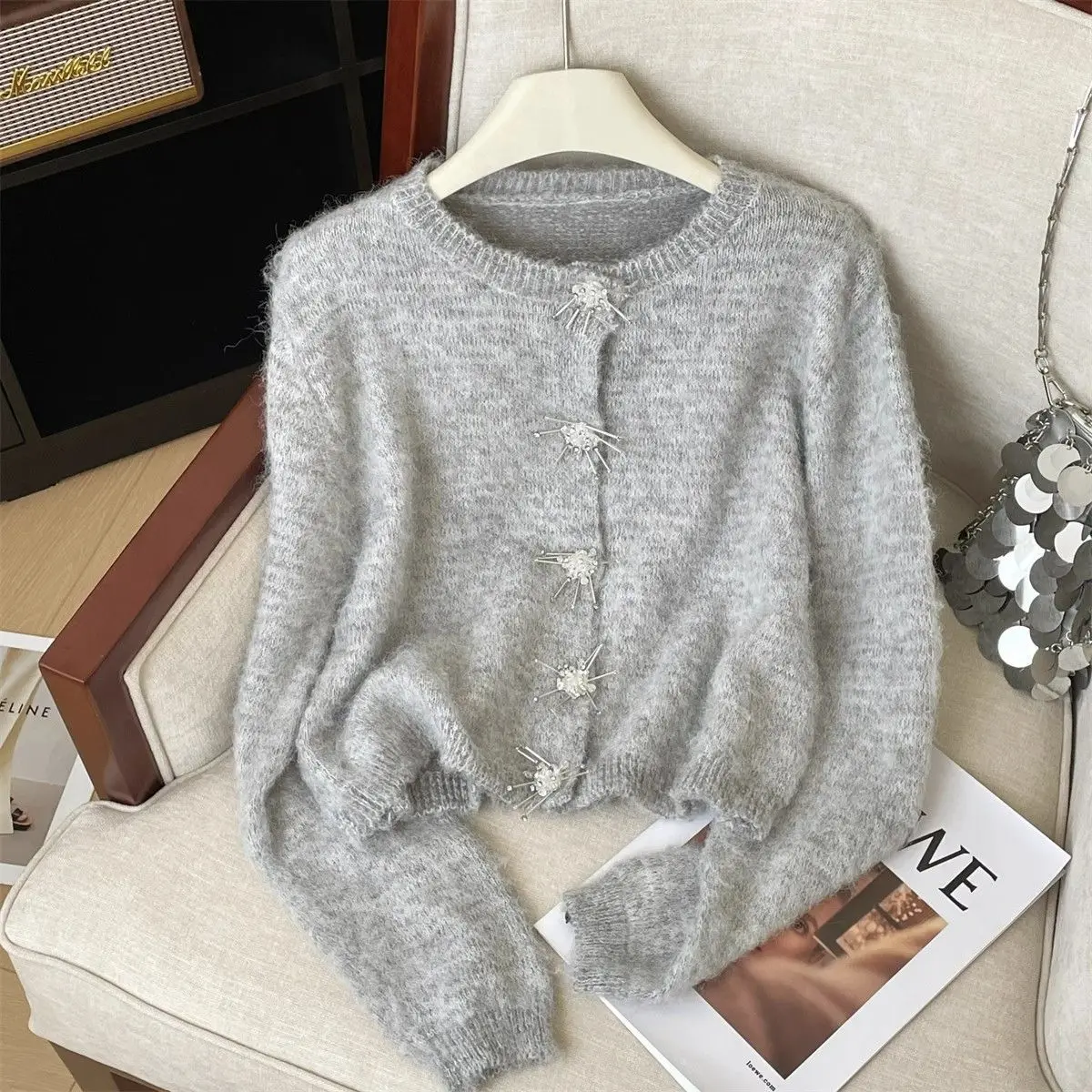 Korejpaa Elegant Cardigans Women Vintage Clothes 2024 Autumn Round Neck Chic Buttons White Knitted Cardigan Sweater Coat