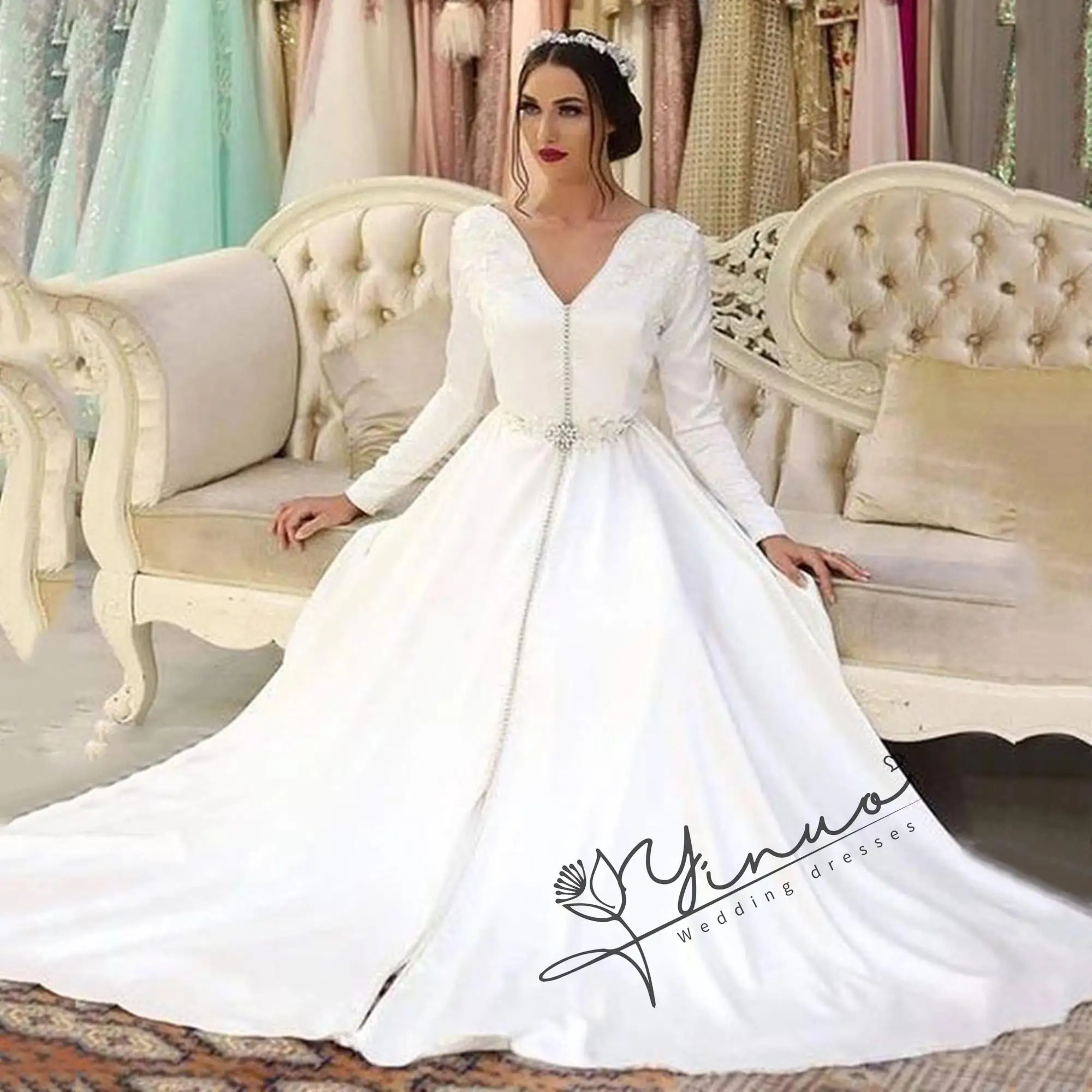 customized White Satin Caftan Morocca Evening Dress Long Sleeves Appliques Customized Islamic Dubai Saudi Arabic Evening Dress P