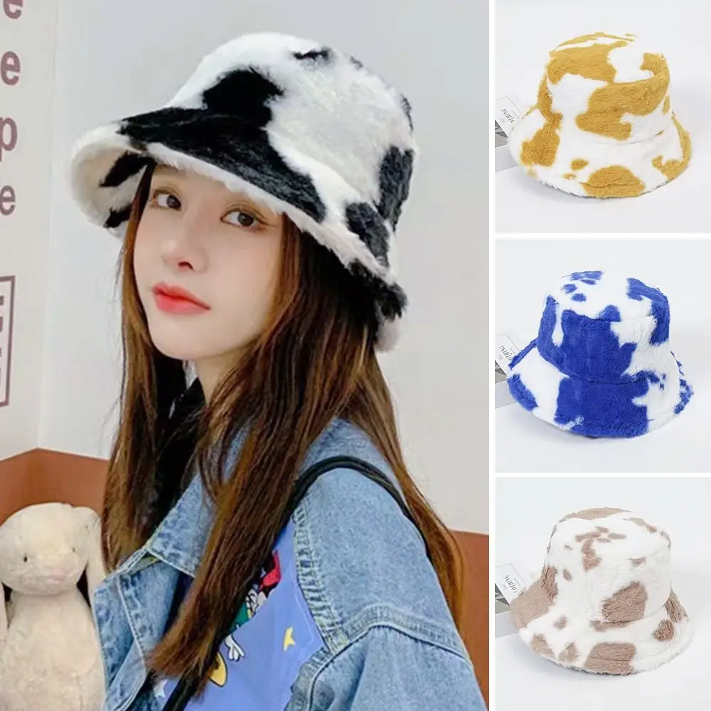 Winter Bucket Hat Women\'s Fashion Milk Cow Grain Panama Warm Hats Female Vintage Faux Fur Fisherman Cap Hats For Women Casual