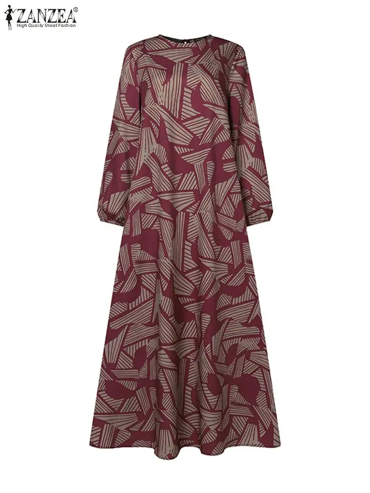 ZANZEA Muslim Fashion Printing Abaya Maxi Dress Women Elegant O Neck Long Sleeve A-line Vestidos Casual Loose Long Robes Kaftan