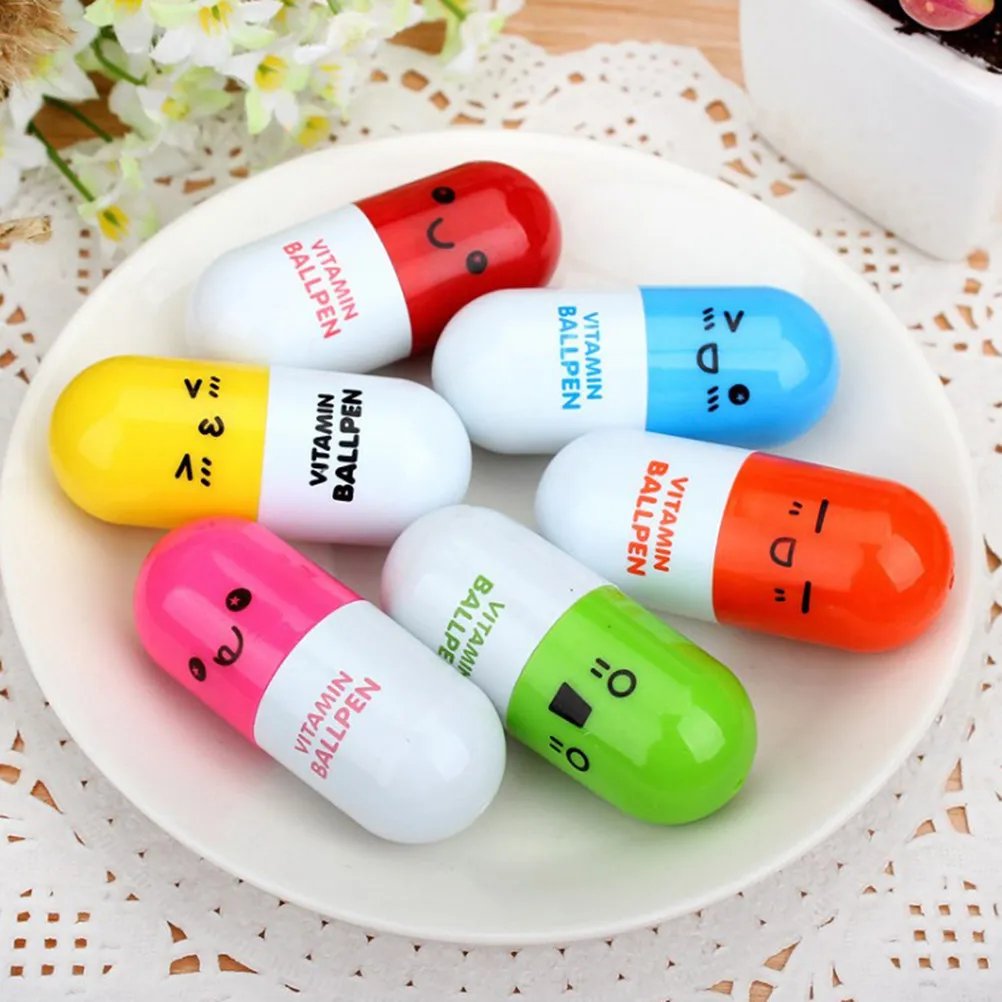 6Pcs Capsule Ballpen Retractable Ball Point Pen Fun Novelty Writing Tool for Students Homework Exercise Creative