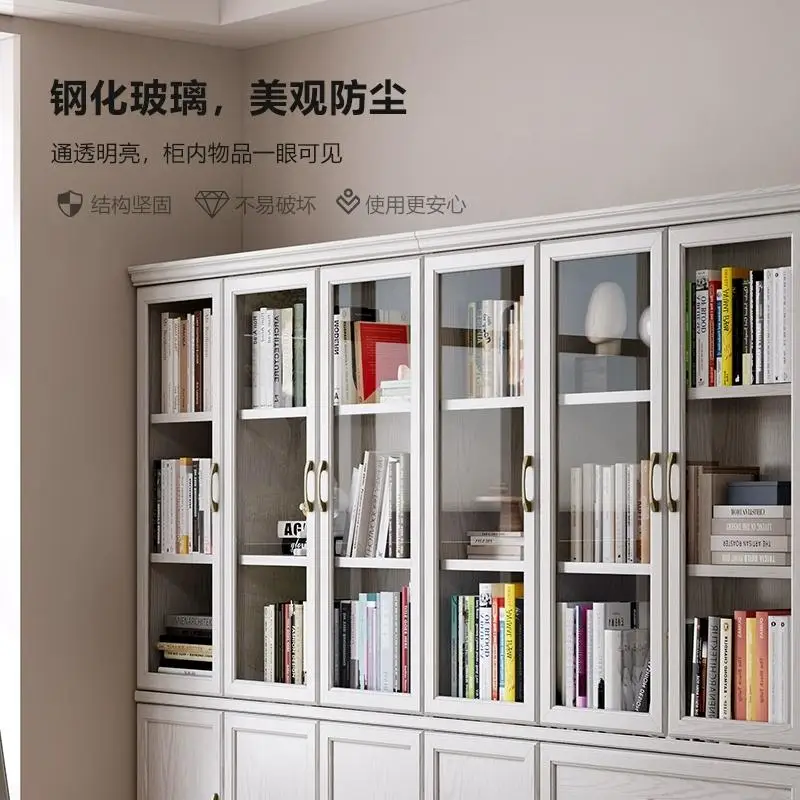 Whole wall solid wood bookshelf floor to wall living room display cabinet with glass door