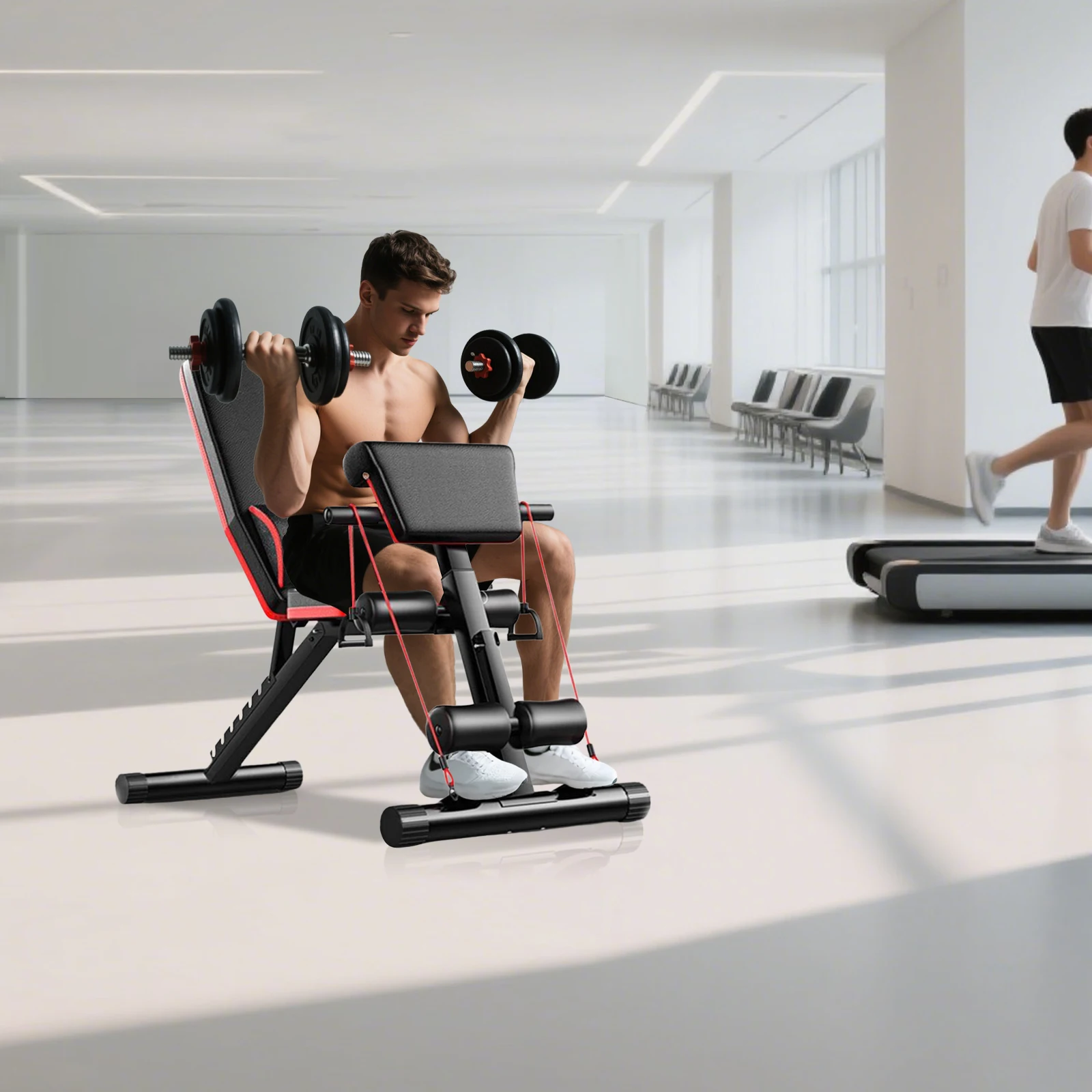 مقعد وزن قابل للتعديل، مقعد وزن متعدد الاستخدامات، معدات تمارين منزلية مع شريط دعم برباط وسادة لتمرين الجسم بالكامل