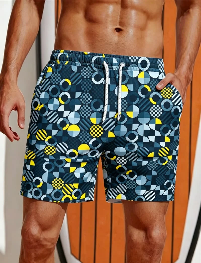 Abstract geometric printed men's beach pants, breathable quick drying beach pants, for beach parties and summer vacations