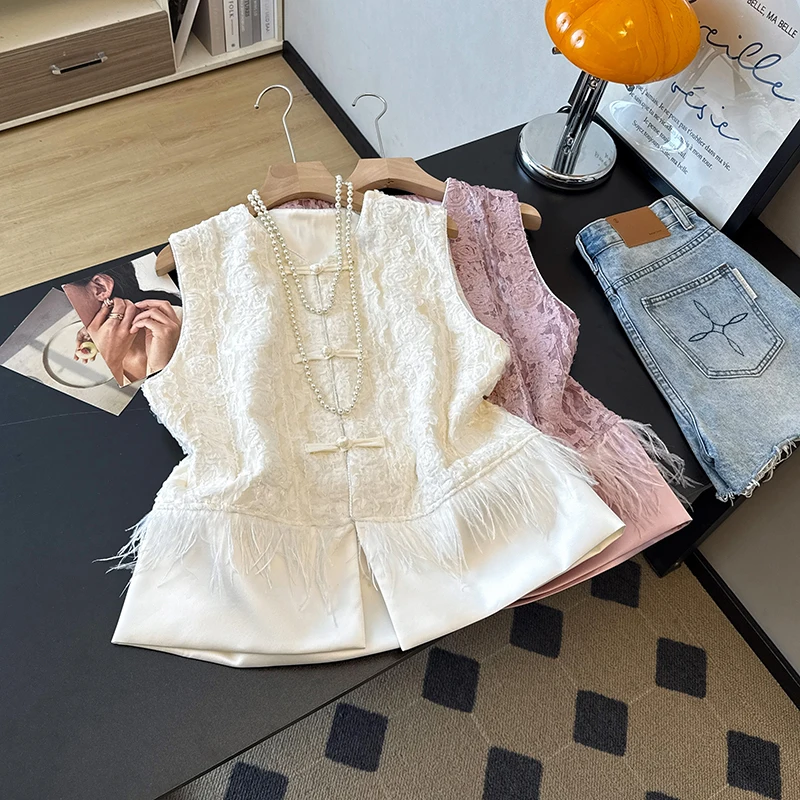 

Новый китайский национальный тренд, женский жилет со страусиными перьями, осенний новый высококачественный топ в стиле ретро в стиле ретро