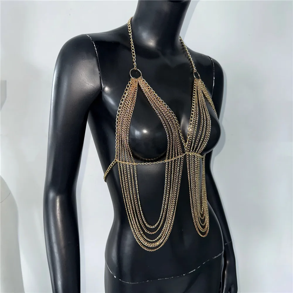 เสื้อครอปสายเดี่ยวซีทรูโชว์หลังเซ็กซี่ประดับโซ่โลหะและพู่สำหรับผู้หญิง เหมาะสำหรับงานเทศกาลดนตรีและงานเรฟ
