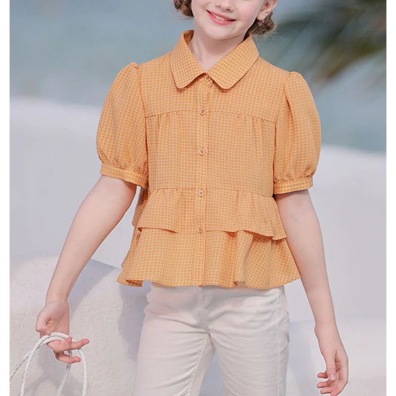 

2024 Summer New Girls Blouse Polo-Neck Button Plaid Spliced Ruffles All-match Fashion Loose Playful Short Sleeve Shirt Tops