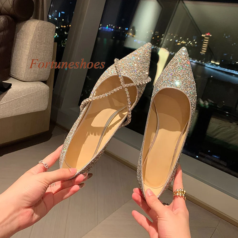 

String Bead Rhinestone Shoes Cross Tied Flat with Shallow Slip On Solid Women Sandals Spring 2024 Newest Fashion Casual Shoes