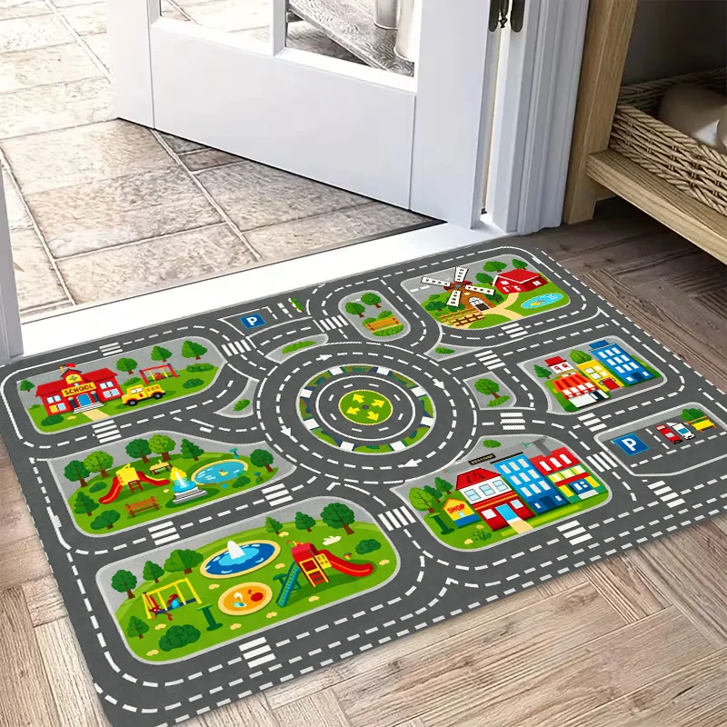 Kids City Road Map Doormat Cartoon Traffic Play Rug Large Town Street Welcome Mat Children Playroom Bedroom Entrance Floor Mat