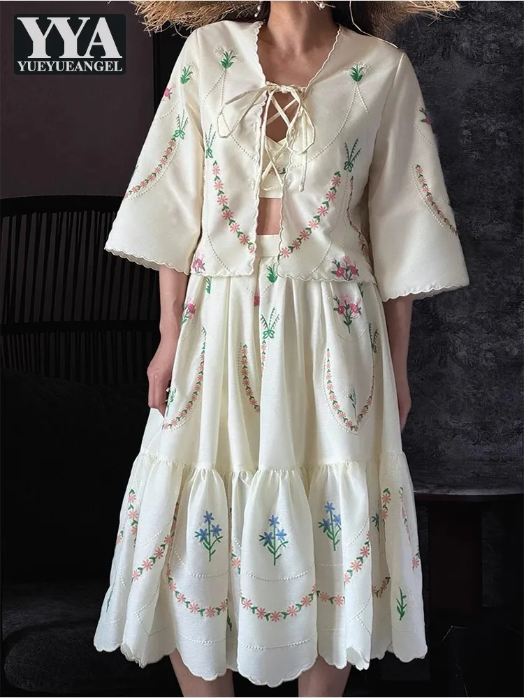 

Hawaii Holiday Style Summer Women Bohemian Cotton Embroidery Shirt Suspenders Camisole A-Line Skirt Ladies Three Piece Sets New