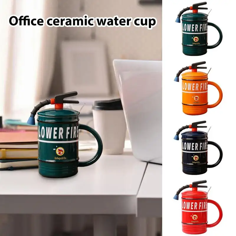 

Fire Extinguisher Coffee Mug 480ml Ceramic Funny Tea Cup With Spoon And Lid Household Large Capacity Mug Drinkware Accessories