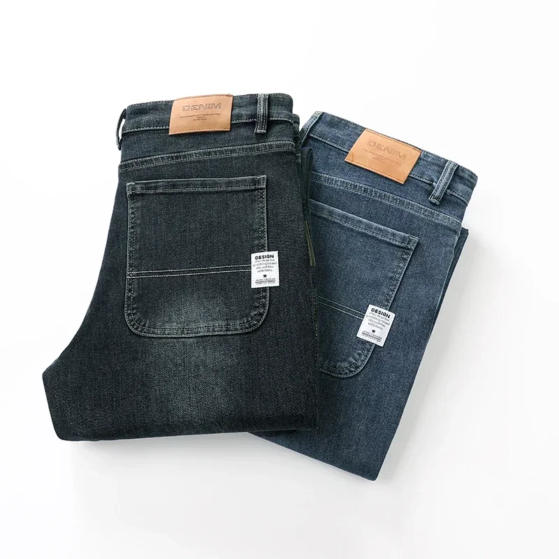 2026 Spring  Splicing Men's Jeans Loose Straight Trousers High Waist Stretch Blended Cotton Washed Denim Pants Brand Clothes