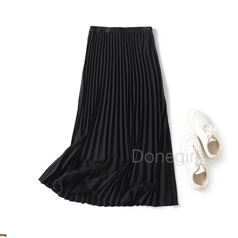 Donegirl Women Autumn Solid Elastic High Waisted Long Skirt Ladies Vintage All-match Streetwear A-line Midi Skirts