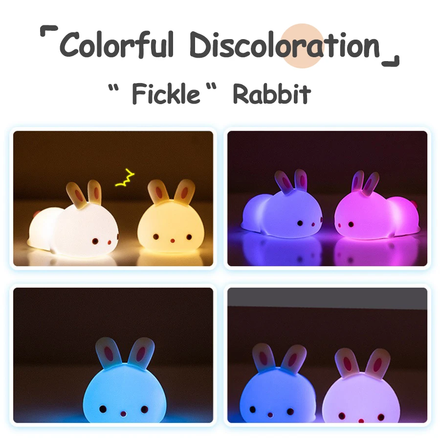 LED Silicone Night Light Cute Bunny Pat Desk Lamps USB Rechargeable Remote Control 7 16 Colors Children's Bedroom Bedside Lights