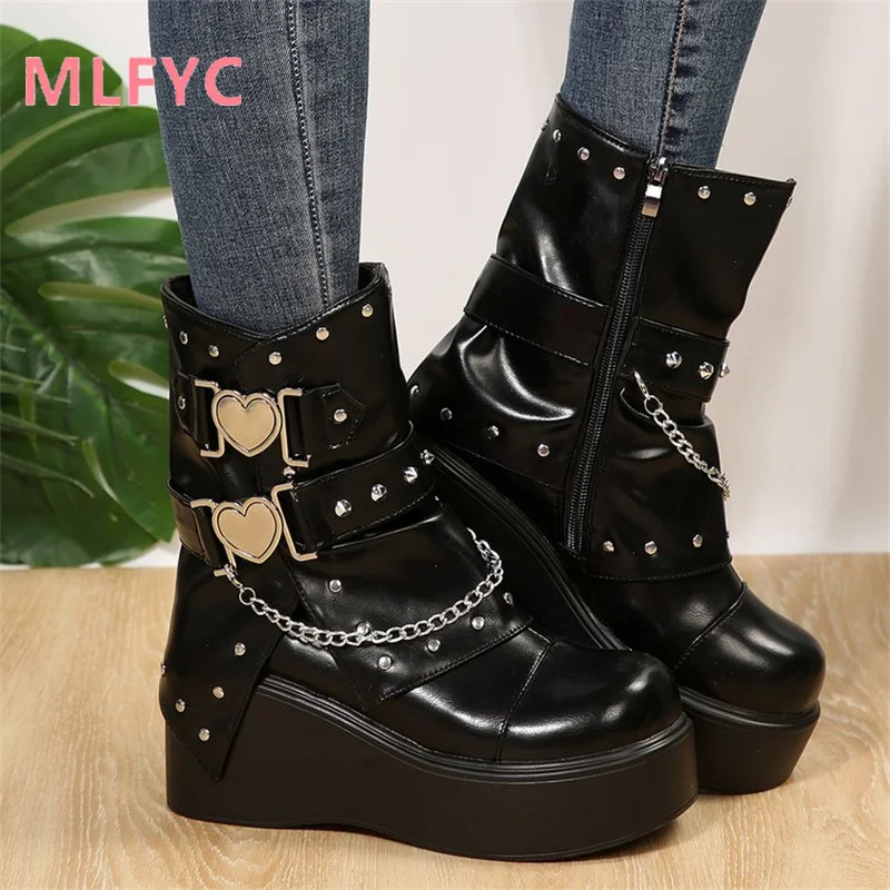 New European and American Spicy Girls Punk Belt Buckle Thick Bottom Chain Elevated Short Boots Women's Large Boots