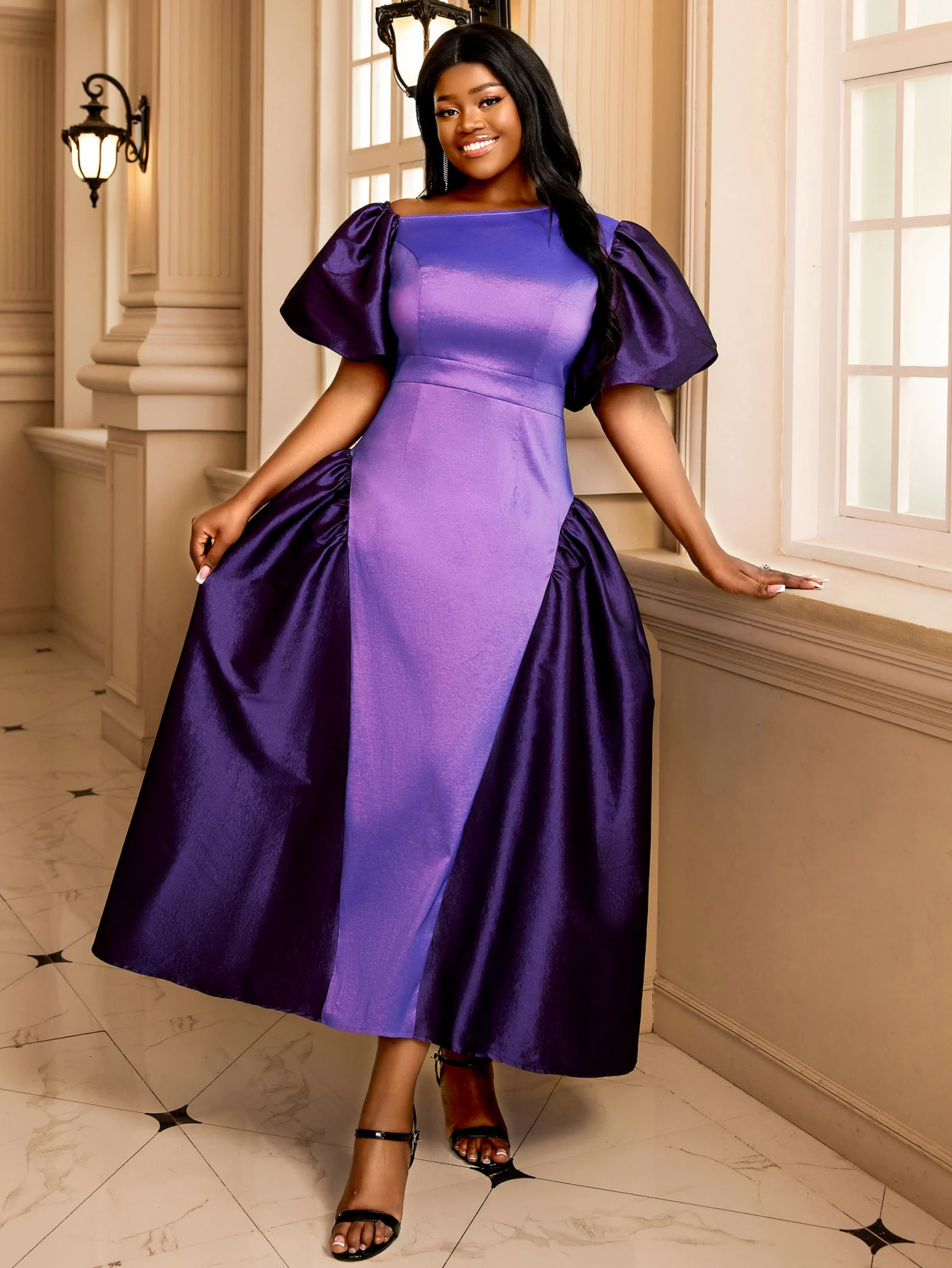 AOMEI Purple Long Dress A Line Off Shoulder Short Puff Sleeve Color Block Evening Cocktail Party Gowns Women 2024 New Occasion