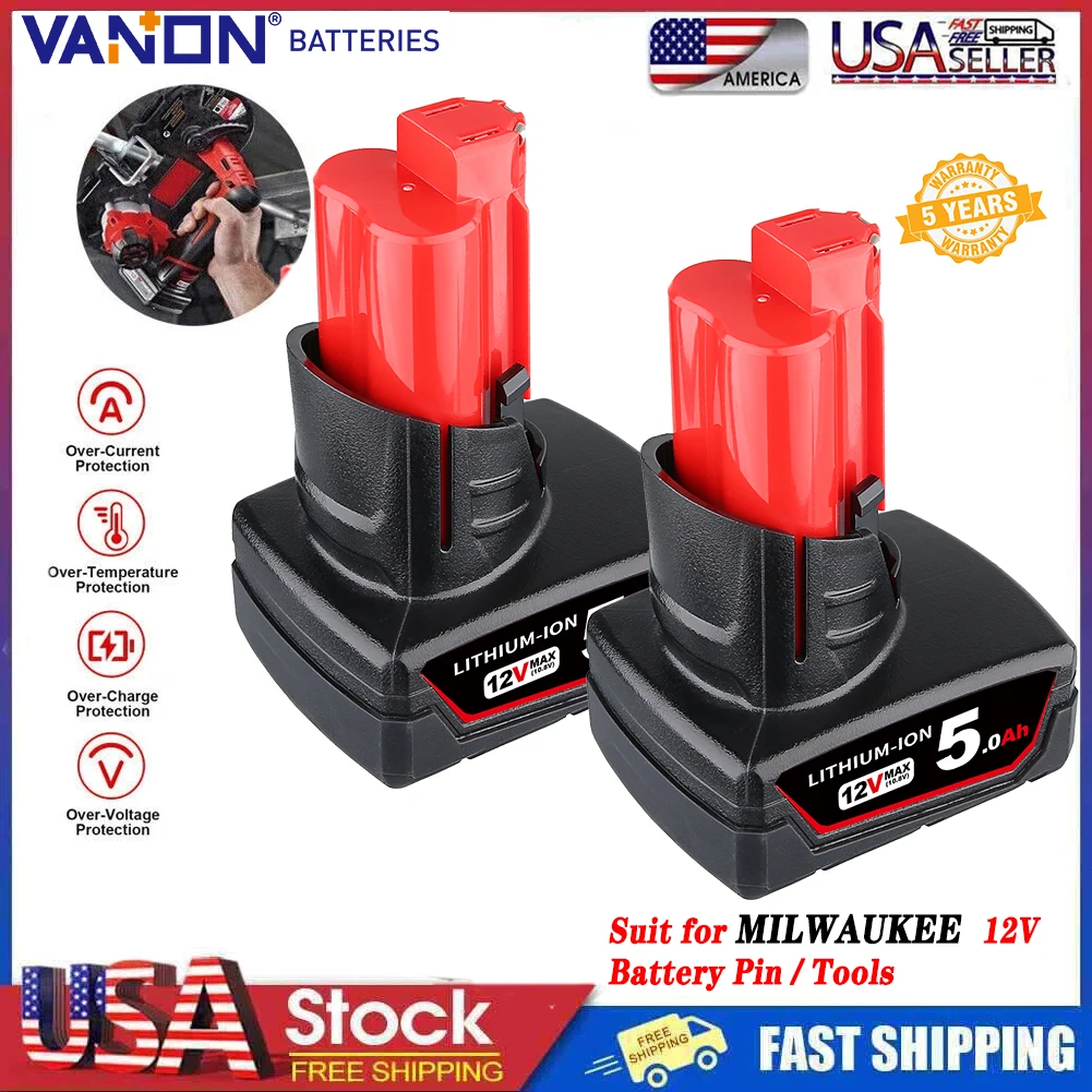 

VANON 2Pack 5.0Ah Replace for Milwaukee 12V Battery Pin Suit for Milwaukee Cordless Power Tools 48-11-2440 48-11-2412 48-11-2450