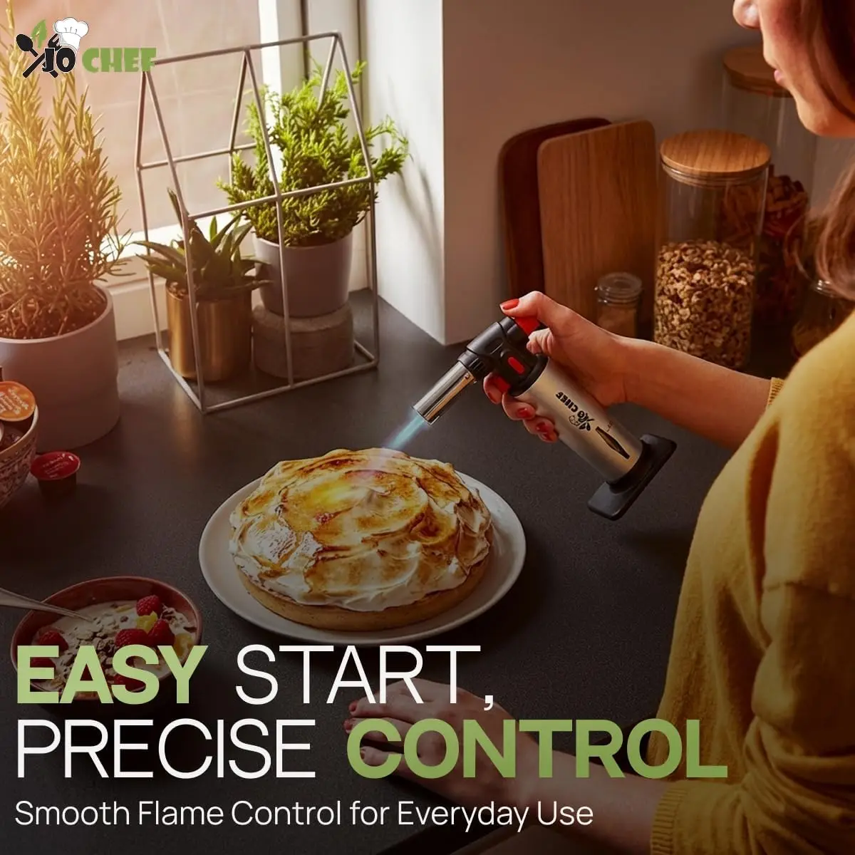 Refillable Butane Kitchen Torch with Adjustable Flame and Safety Lock, Includes 2 Cans for Cooking and Soldering