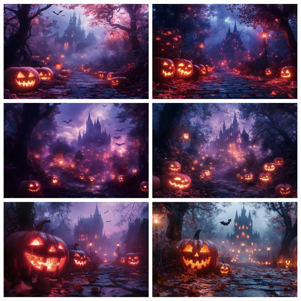 

AI Halloween Pumpkin Lantern Night Forest Castle Backdrop Kids Birthday Baby Portrait Photography Background Decor Photostudio