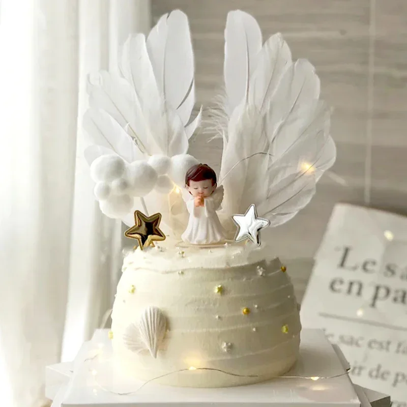 Cute Angel Wing Feather Cake Topper for Baby Shower Kids Birthday Party Decoration Supplies Wedding Dessert Cake Decor Tools