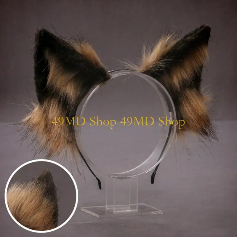 49MD Lovely Faux Fur Wolf Ears Headband Realistic Furry Animal Hair Hoop Anime Masquerade Cosplay Costume