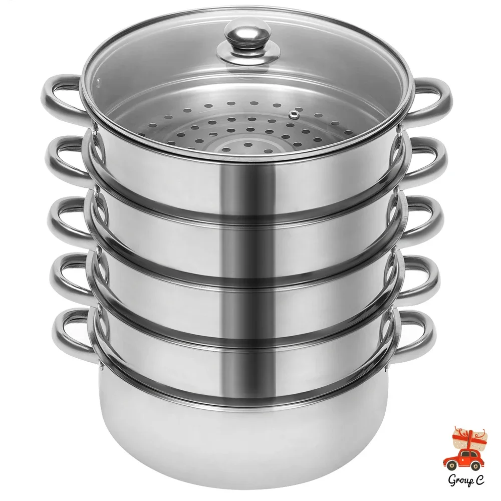 5-stufiger Dampfgarer aus Edelstahl mit dickem Boden, Dampfgarer, 10-Zoll-Topf mit Deckel aus gehärtetem Glas, zum Kochen, Mehrzweck