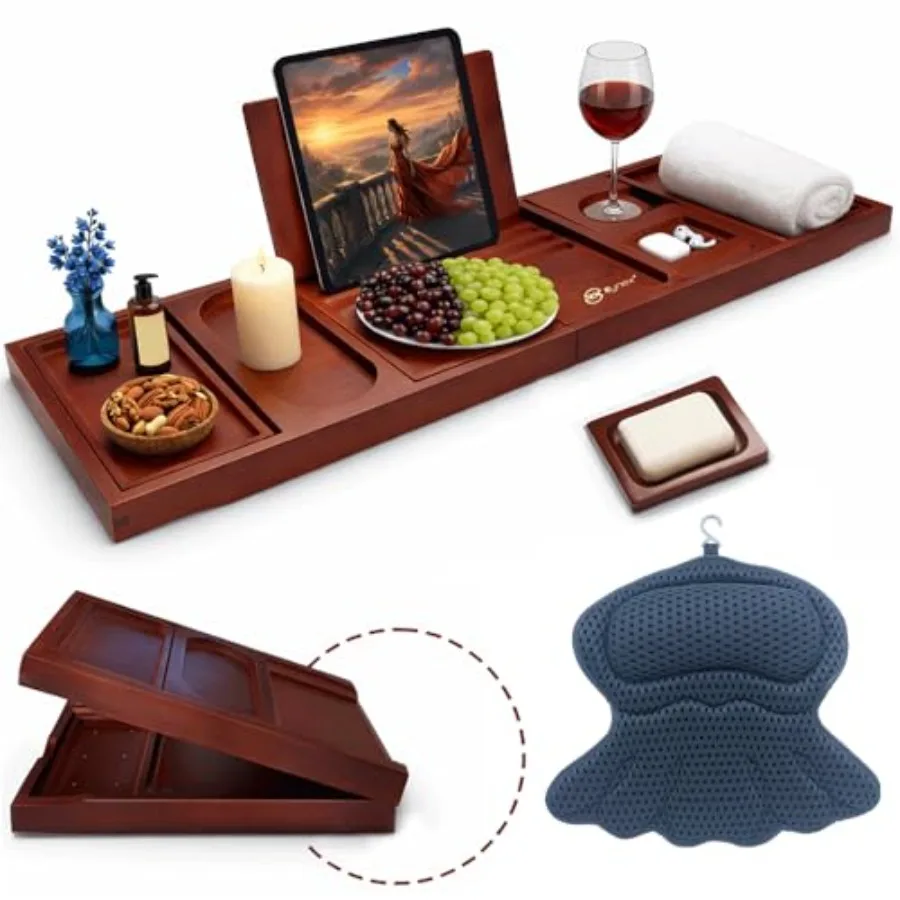 

Раздвижной бамбуковый поднос для ванны с держателем для телефона и вина, и мягкими подушками для ванны, бежевый, с поддержкой для головы/шейного отдела позвоночника