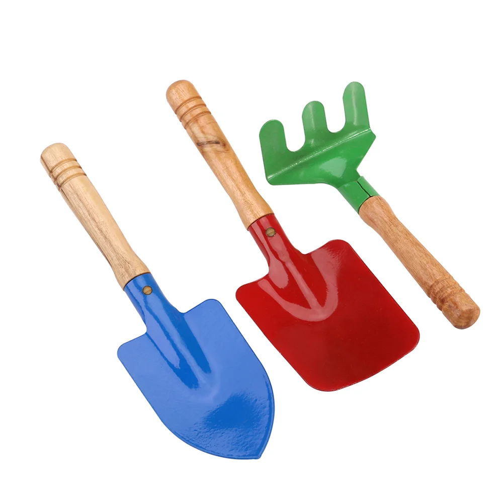 2 conjunto/6 pçs crianças ferramenta de jardim espátula de ferro ancinho colorido impresso ferramentas manuais com alça de madeira para crianças criança menina