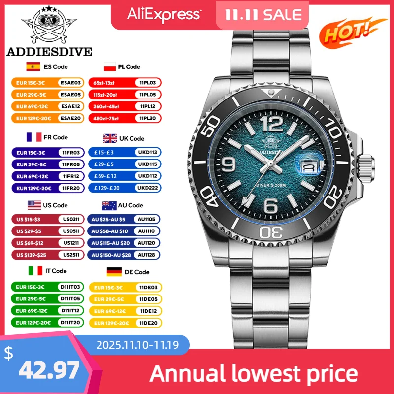 

ADDIESDIVE Luxury Men Watch 41mm Fashion Quartz Watches AR Coated 200m Waterproof BGW9 Super Luminous Diver Watch Reloj Hombre