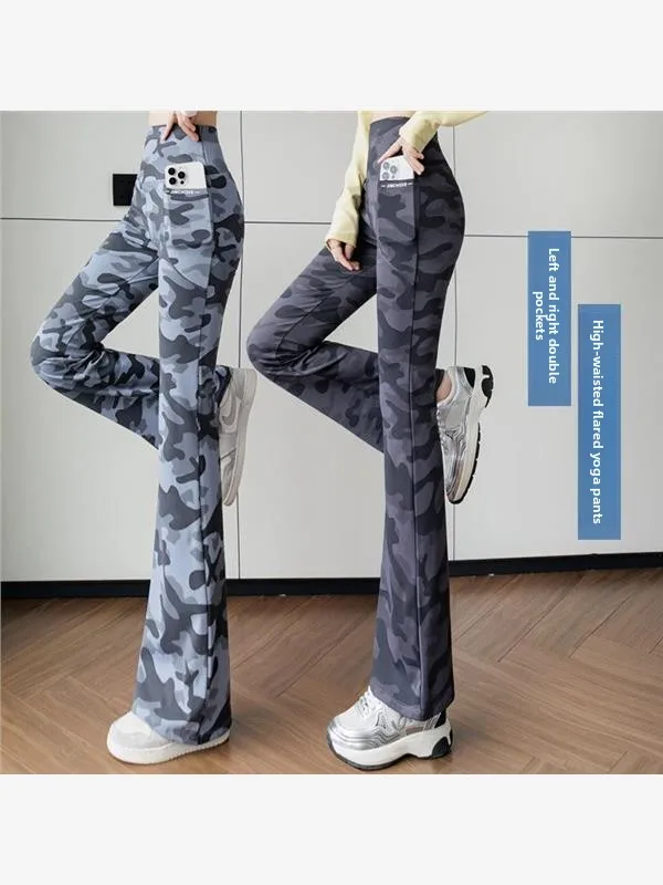

High Waist Camouflage Wide Leg Yoga Pants Double kets Faionable Outerwear Slimming plus Size Tummy Control Bootcut Pants