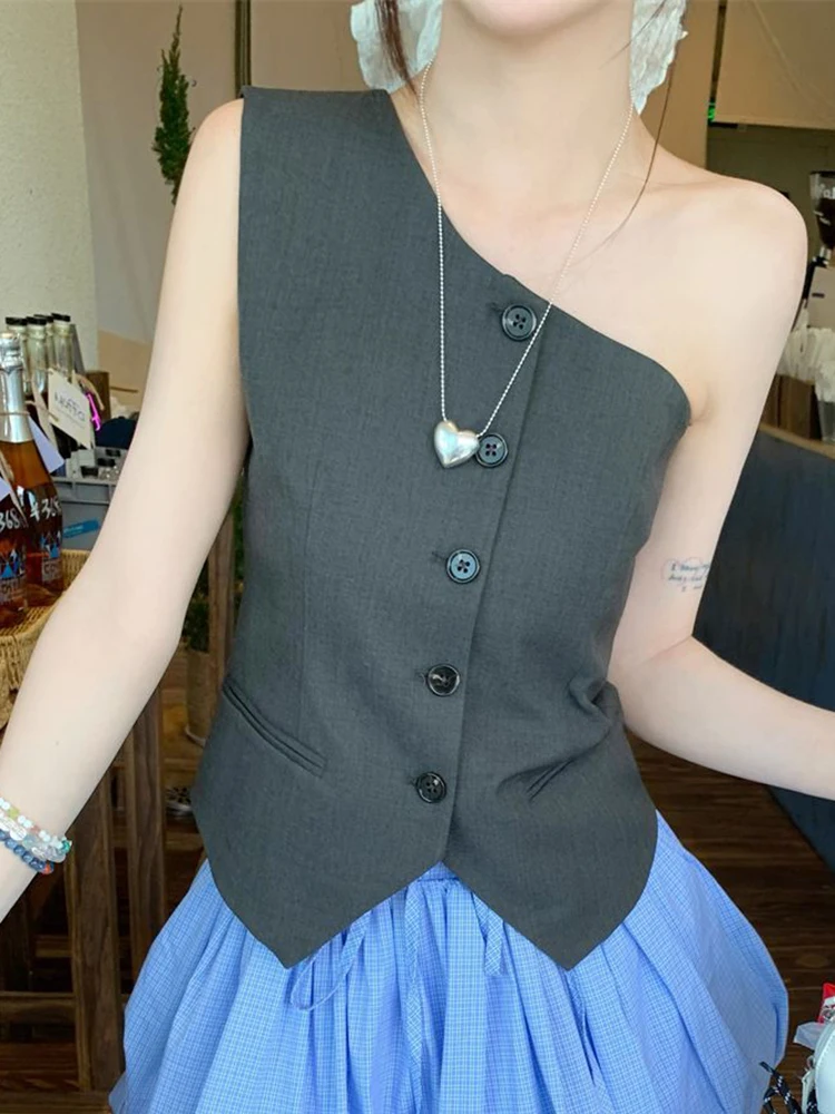

Jmprs Sexy Off Shoulder Gray Tanks Women Vintage Design Harajuku Y2K Tanks Korean Streetwear Retro Female Single Breasted Tops