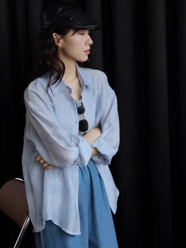 

Blue Minimalist Shirt Women'S Summer New Korean Version Loose Slimming Solid Color Air-Conditioned Shirt Sun Protection Jacket