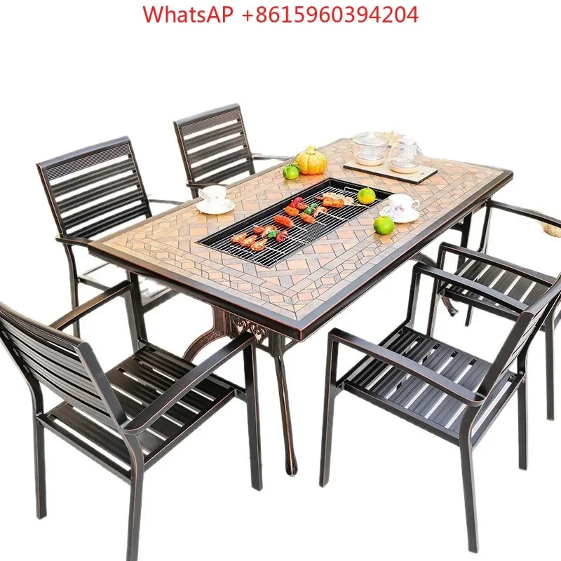 Outdoor tile table BBQ table and chairs Electric grilled charcoal grilled coffee table Restaurant Commercial Street Garden Garde