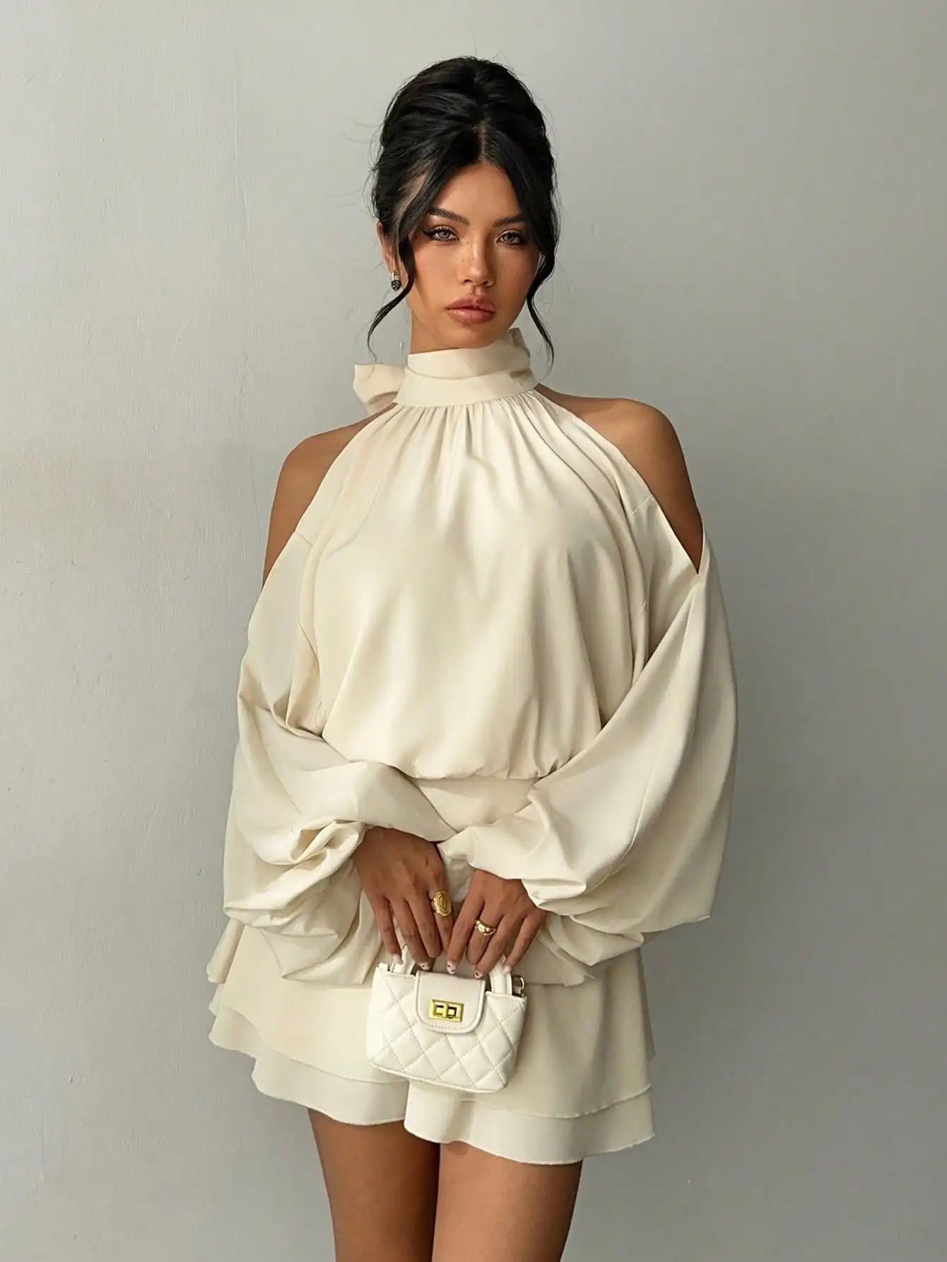 

Cream Solid Halter Neck Cold Shoulder Dress with Lantern Sleeves and Ruffle Hem