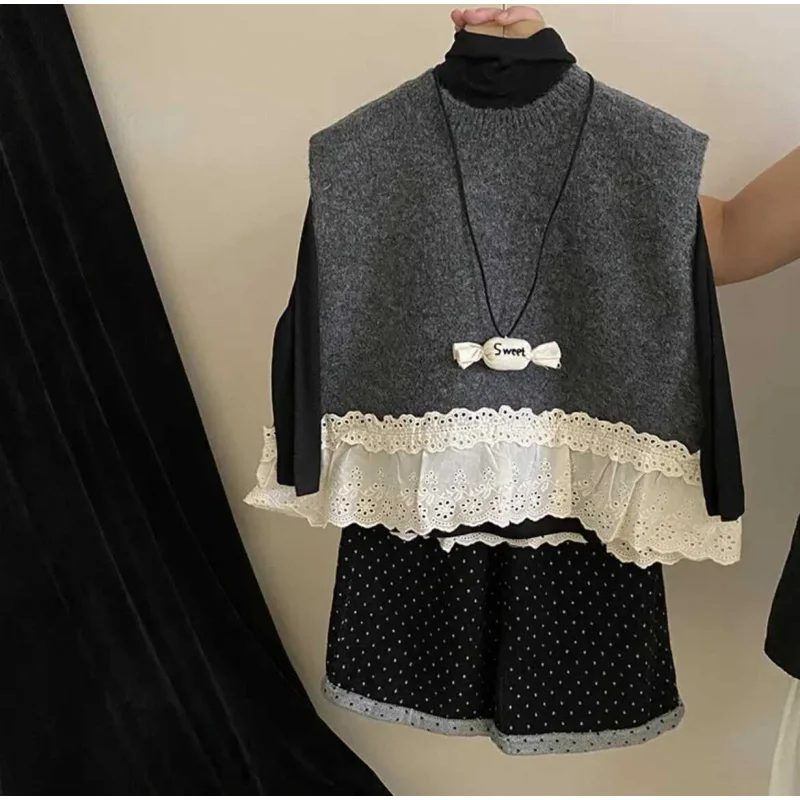 

LYY-South Korea Children's Clothing Girl's Waistcoat Autumn New Children's Retro Patchwork Lace Knitted Bottoming Polka Dot Lace