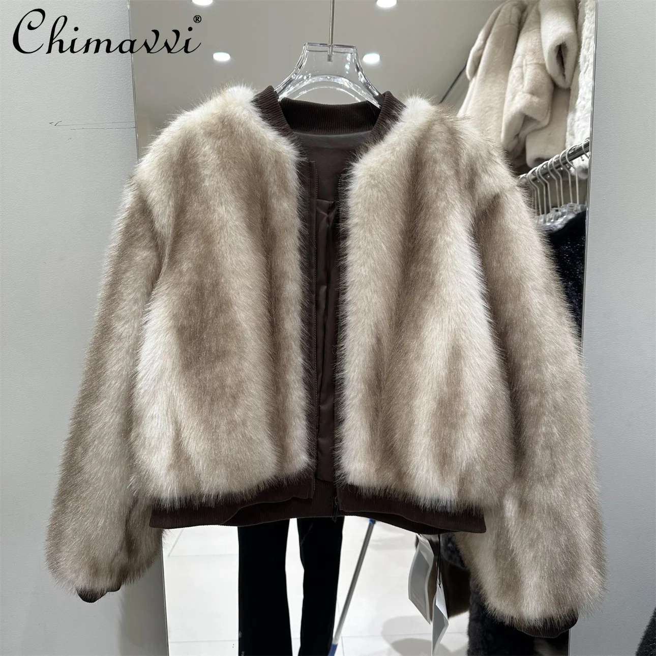 

Korean Style Fashion Elegant Socialite PU Spliced Short Jackets Stand Collar Long Sleeve Versatile Faux Fur Coats Women Winter