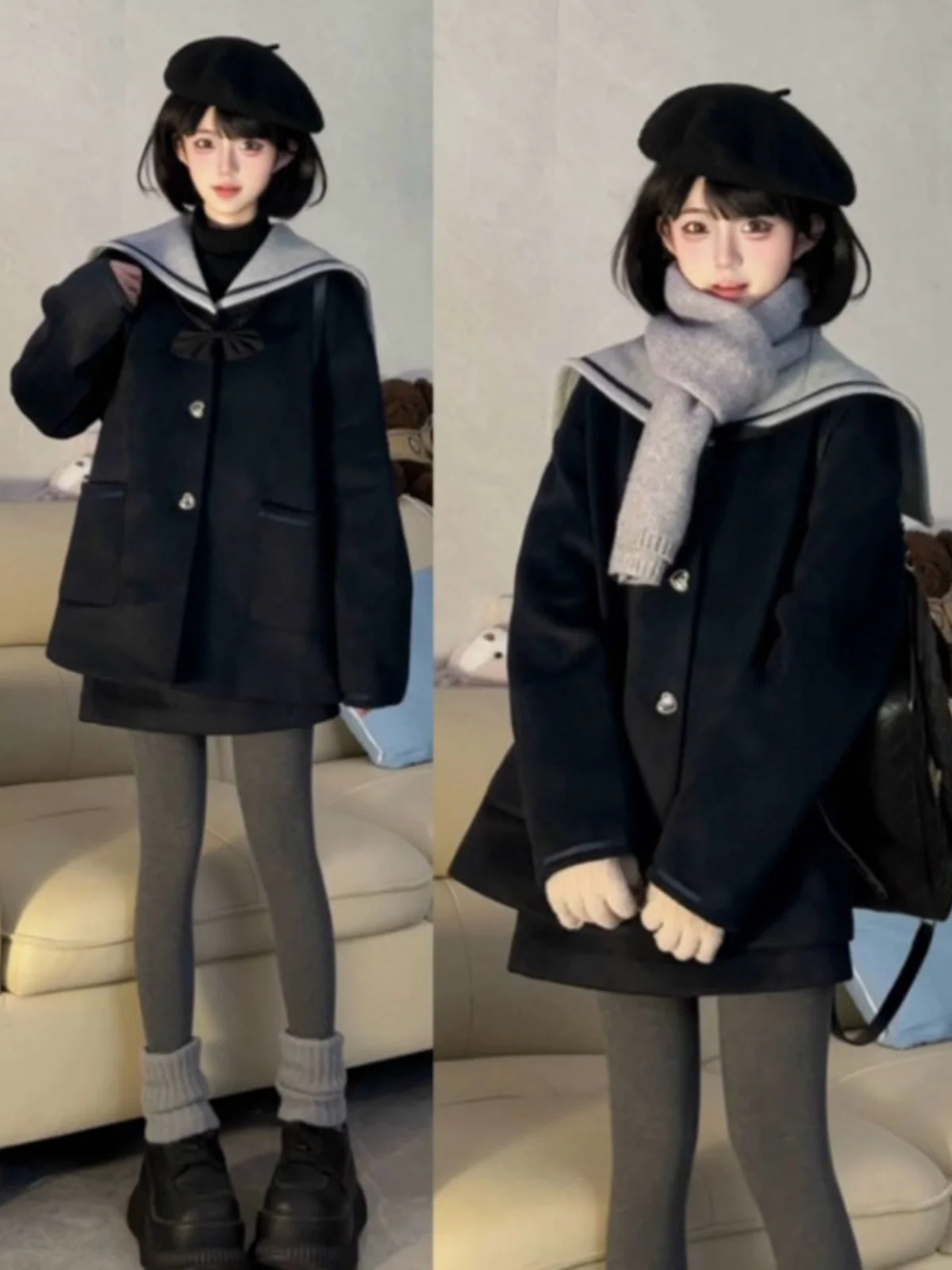 

Chic Korean Style Navy Collar Color Block Woolen Coat And Skirt Two Piece Set College Style Spring Fashion Women's Ensemble