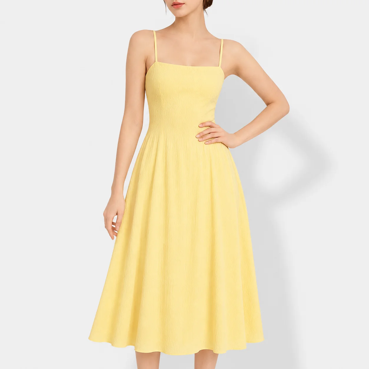 Women's Spaghetti Strap Square Neck Midi Dress Structured Corset Waist Flowy Pleated Skirt for Casual Occasions