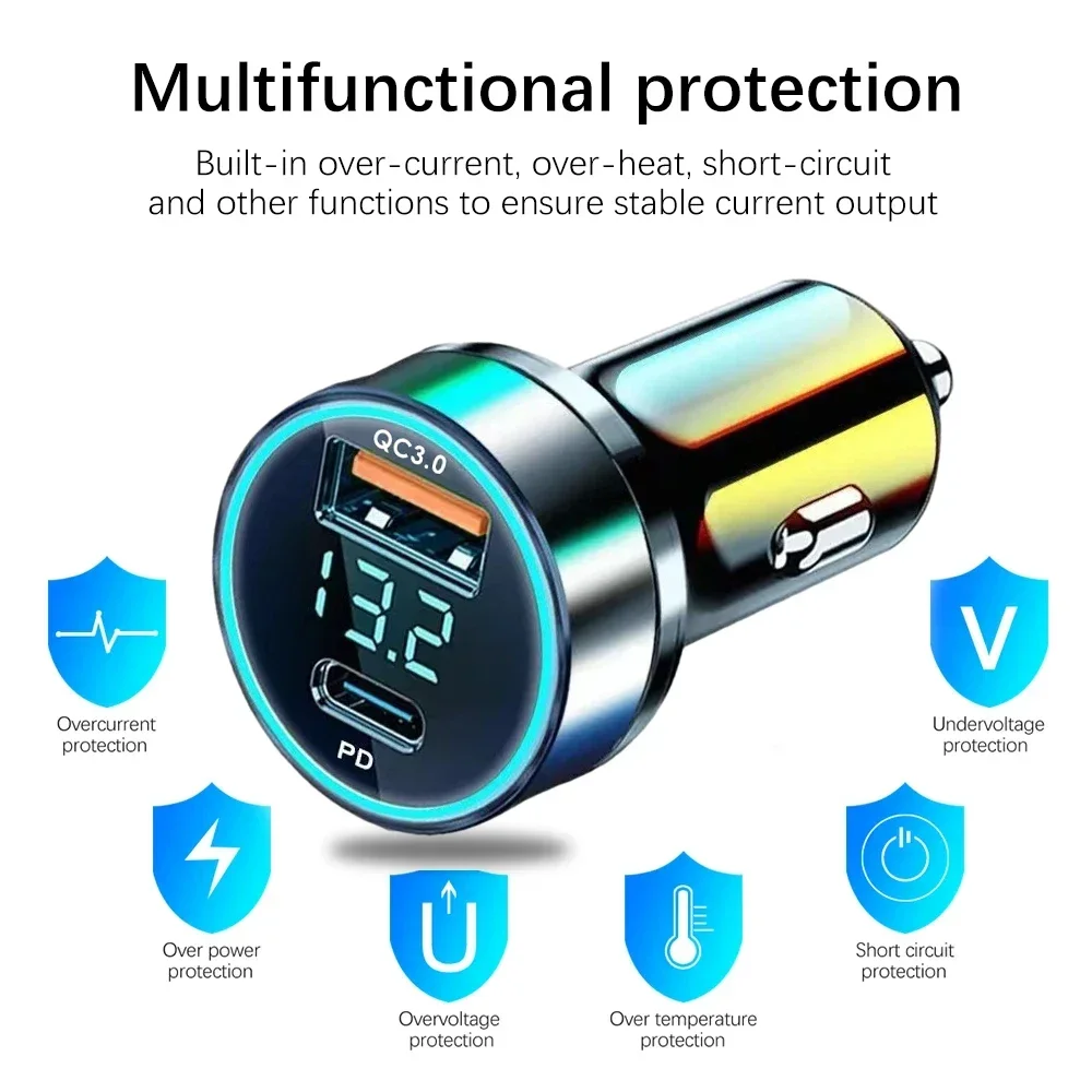 Universal PD USB 3.0 Car Charger Super Fast Charging Adapter Type C USB Digital Display Car Charger for iPhone Samsung Mi Huawei