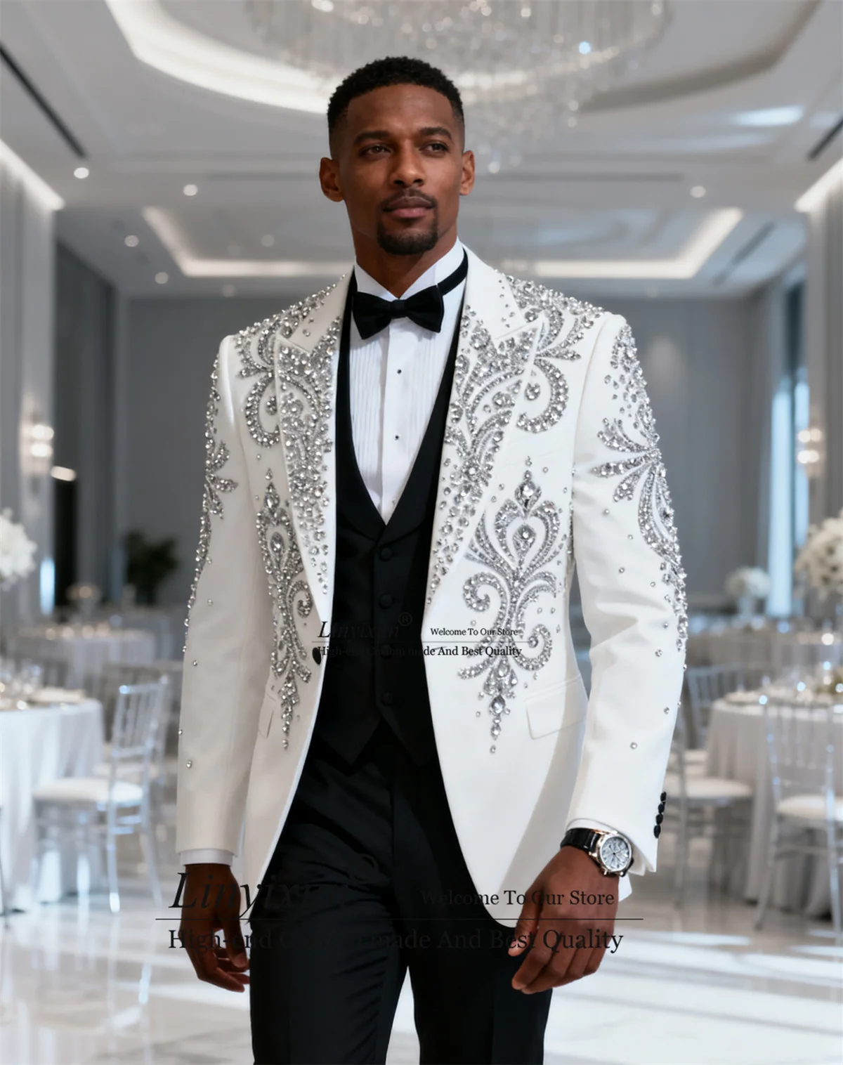 

Высококачественные мужские костюмы со стразами и кристаллами по индивидуальному заказу, комплекты из 3-х предметов, смокинги для жениха, остроконечные лацканы, Ropa Hombre, свадебный мужской вечерний пиджак