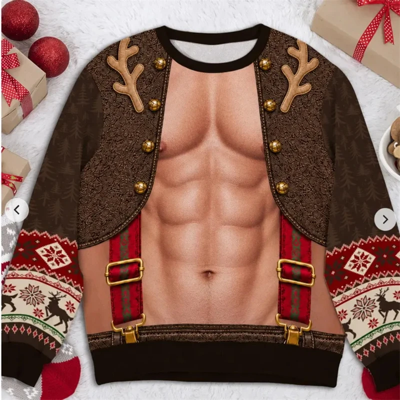 Lustiges Weihnachtsshirt mit Muskel-Weihnachtsmann-Motiv, 3D-Druck, hässlicher Pullover, Rundhalsausschnitt, lange Ärmel, Festtagskostüm, Herren- und Damen-Geschenk. – Detail 8