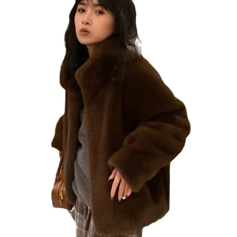 Faux Fur Women Coats Thick Warm Coat Stand Collar Casual Jackets Single Breasted Elegant Warm Short Outerwear Autumn Winter
