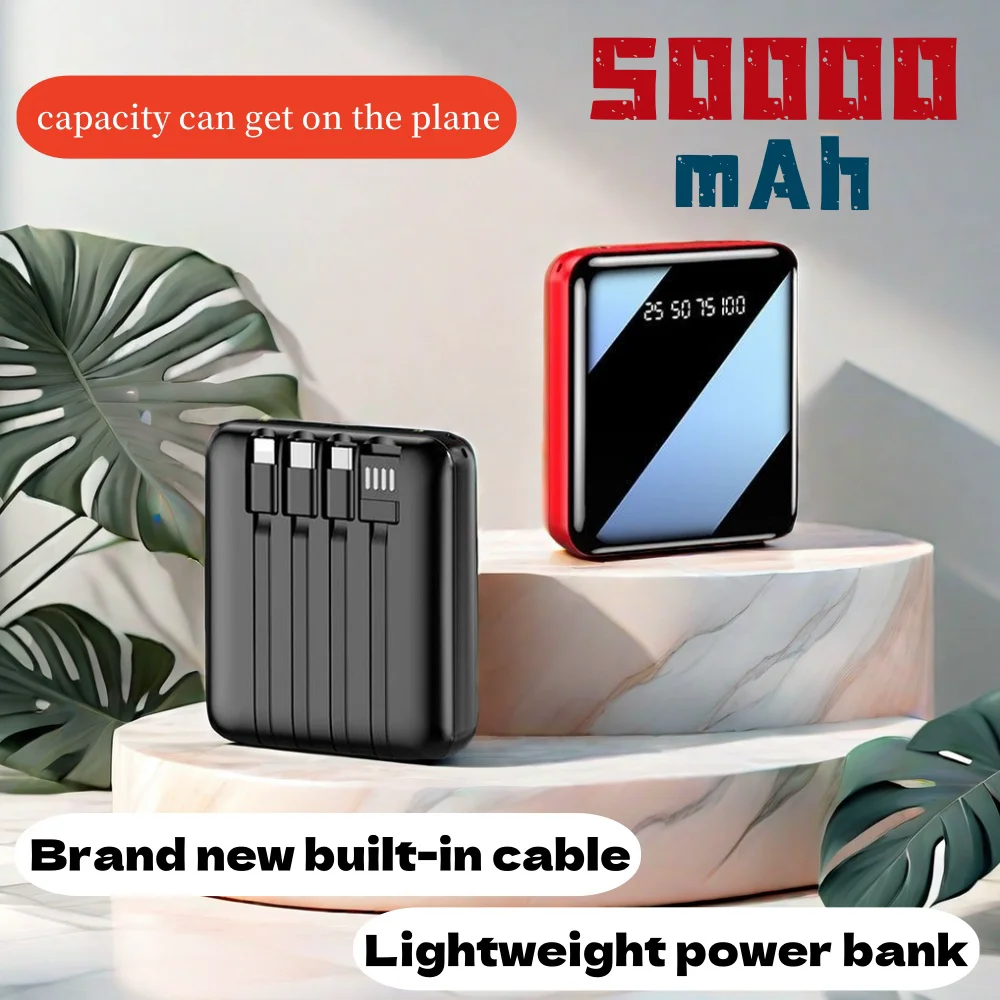 

50000mAh Mini 4-wire power bank with large capacity and built-in cable, super fast charging,compact and portable