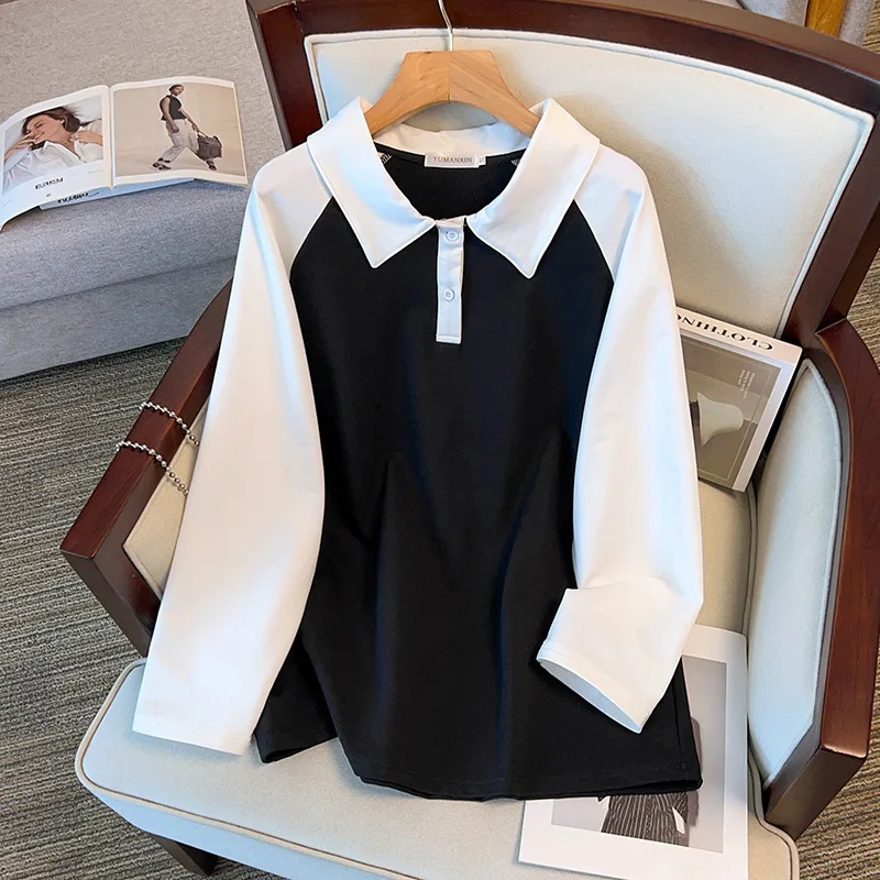 170Kg Plus Size Women\'s Bust 170 Spring Autumn Loose Polo Collar Contrasting Sweatshirt Black Purple 4XL 5XL 6XL 7XL 8XL 9XL