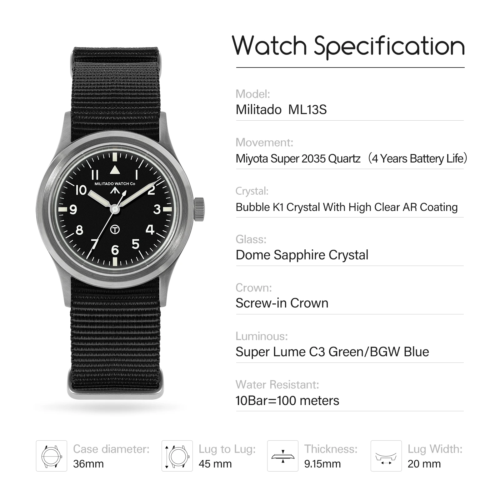 Militado ML13 Watch Miyota Super 2035 Quartz Movement Watches K1 Crystal Luminous 100m Waterproof Stainless Steel Wristwatch image 2