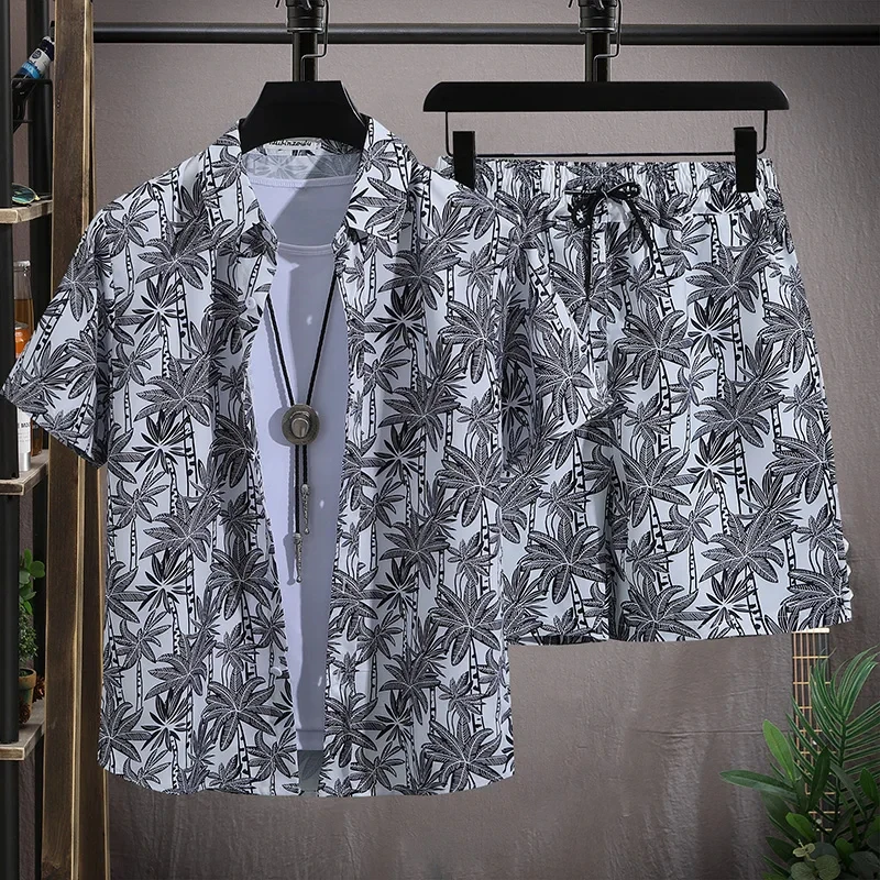 Men's Shirts Sets Anime Dog Pattern 3D Print Single Breasted Shirt+Shorts 2pcs Suit Summer Oversizd Holiday Hawaii Beach Outfits