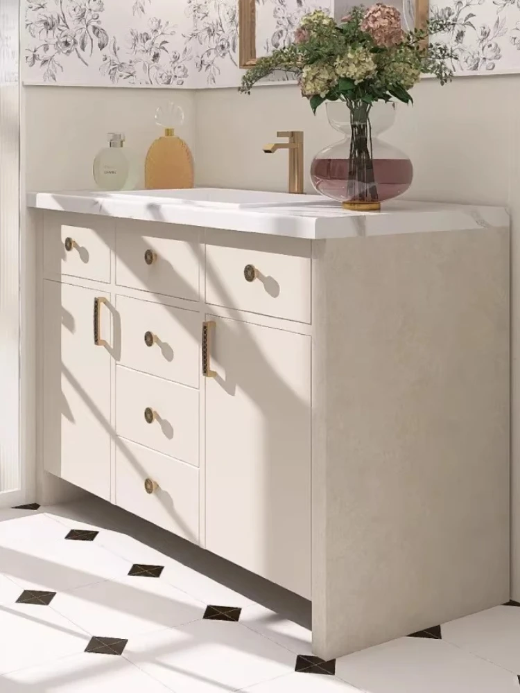 

Легкая французская комбинация мебели для ванной комнаты в кремовом стиле, тумба с керамической раковиной, комплект для ванной комнаты
