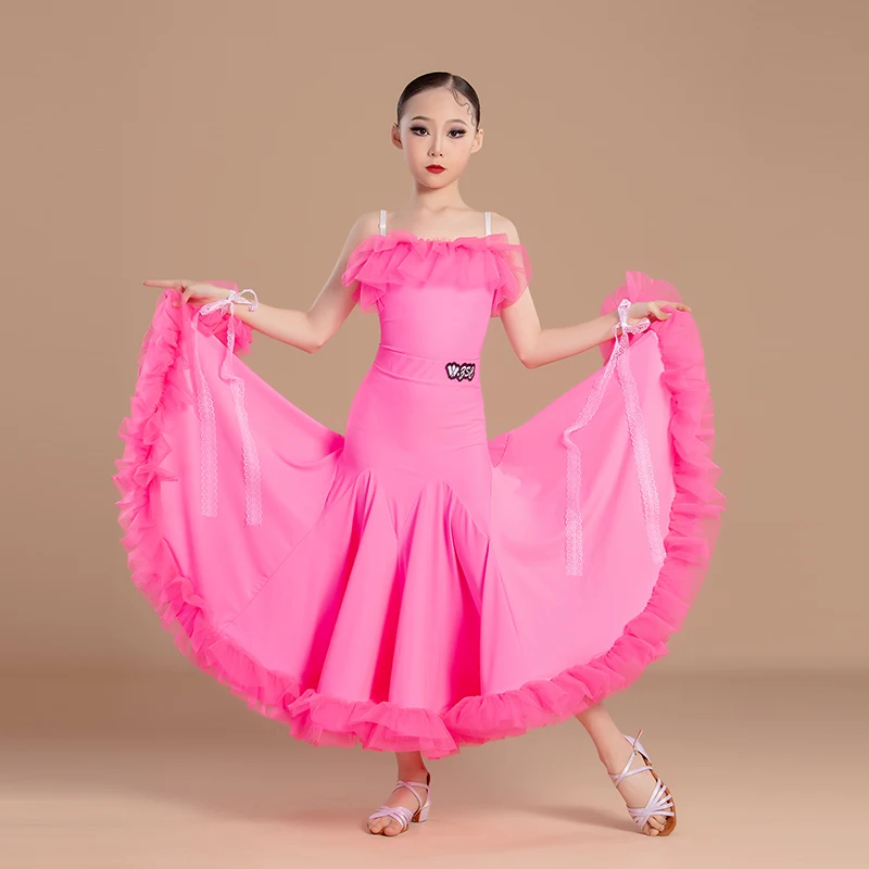 2025 Girls Strap Lace Big Swing Fishbone Dress Ballroom Dance Competition Clothing Waltz Modern Performance Costumes DN22530