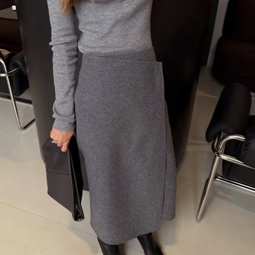 Classic Grey Wrap Skirt High Waist Loose Fit Midi Skirt Mid Length Casual Skirt Street Wear